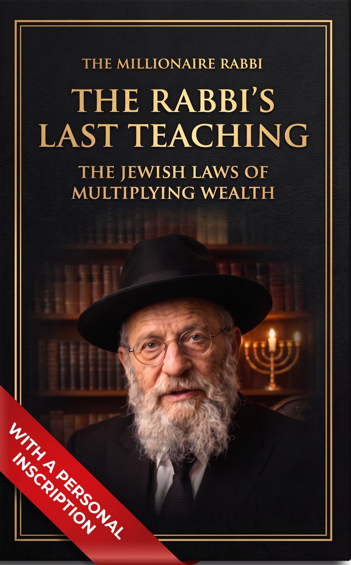 The Rabbi’s Last Teaching: The Jewish Laws of Multiplying Wealth. Hardcover — a gold frame on black, a portrait of the rabbi, and a red band reading “With a personal inscription”.